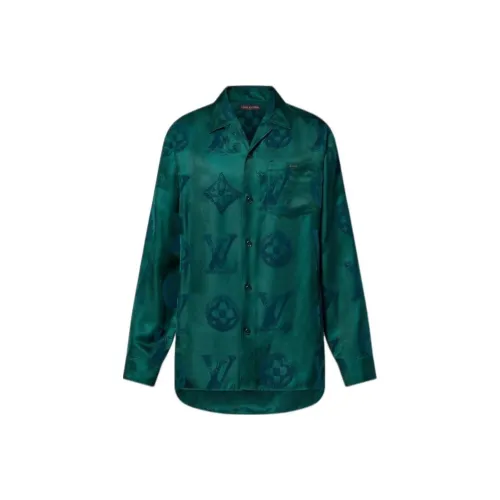 LOUIS VUITTON Монограмма Flocked Шелк Длинный Рукав Рубашка Мужская Зеленая