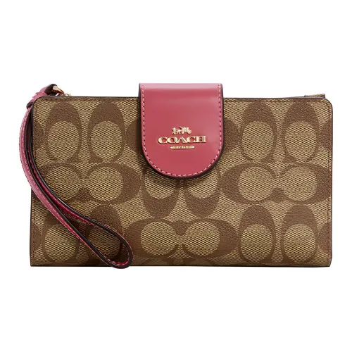 COACH Tech Wallet Canvas Leather Wallet Женские Khaki Strawberry Red