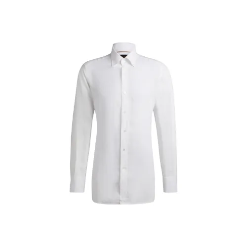 Hugo Boss Длинный длина обычный крой пуговица пуховые куртки рубашка в льняной ткани рубашка мужская белая