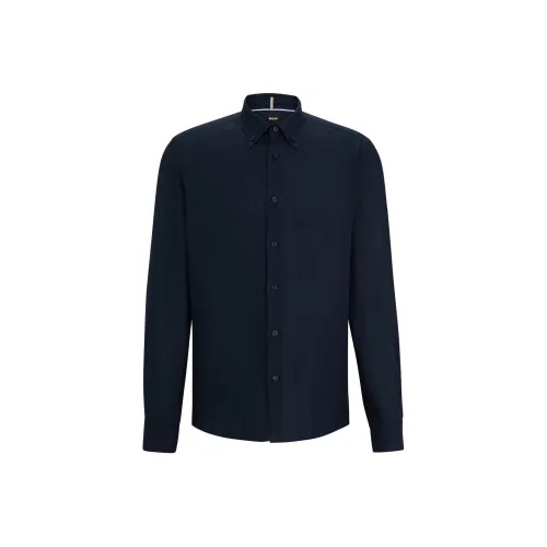 Hugo Boss Регулярный крой льняная ткань рубашка с пуговицей пуховые куртки воротник-стойка рубашка мужская темно-синий