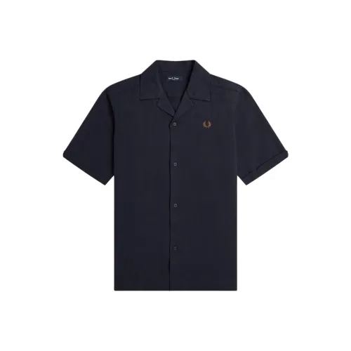 FRED PERRY Linen Blend Revere Collar Shirt Men's Navy Blue