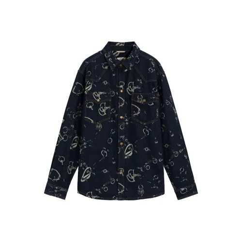 23R+ Деним Свободный крой Универсальный Длинный рукав Рубашка Мужская Синяя