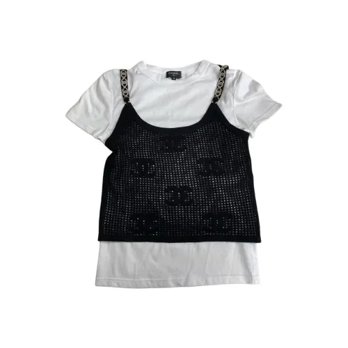 CHANEL Вышивка Буква Cut Out Топ на бретелях Короткий рукав Стандартная рубашка Женская Белая