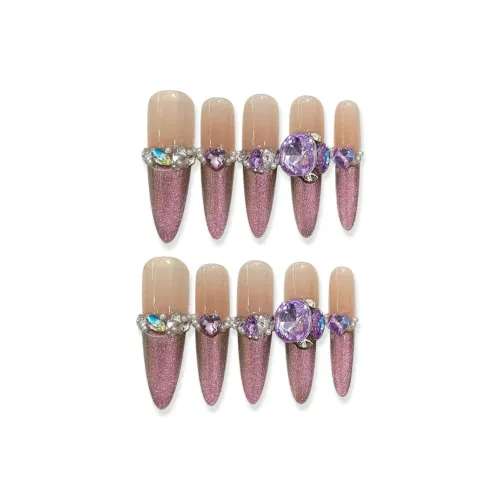 Yun Yue Joe Французский Pave Ромб Кошачий глаз False Nail Длинный Розово-фиолетовый Градиентный Flashing