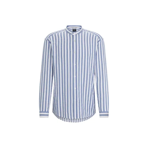 Hugo Boss Рубашка с коротким рукавом свободный крой в полосатой хлопковой смеси Bouclé мужская светло-синяя