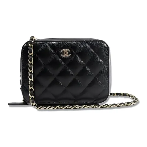 CHANEL С рельефом Тисненый Икорный Коровья кожа Camera Сумка Косметичка Сумка через плечо Женская Черная