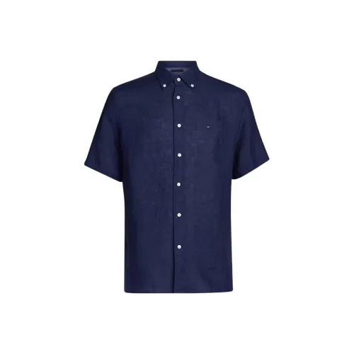Tommy Hilfiger Короткий рукав обычный крой льняная ткань рубашка мужская синяя