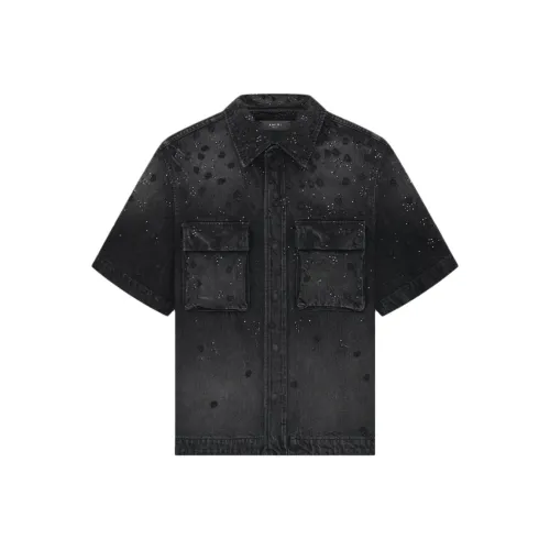 AMIRI Цветочный Кристальный Деним Короткий Рукав Рубашка Мужская Черная