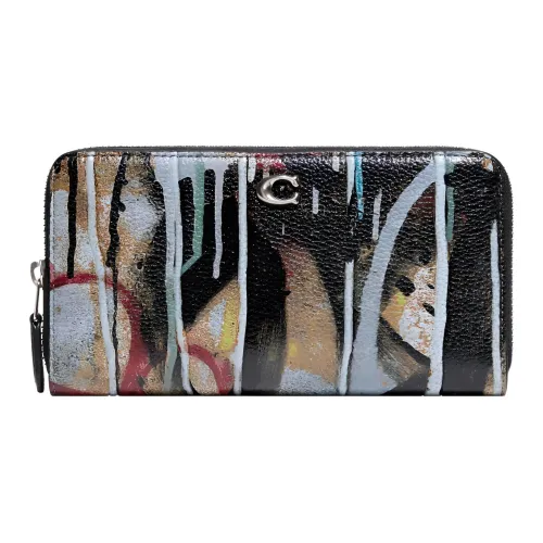 COACH Мята+SERF Коллаборация Accordion Zip Полированная кожа с эффектом галечника Держатель для карт и кошелек Маленький Женский Черный