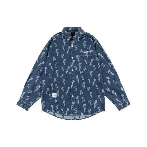 LOMBT Буква Полный С принтом Экстра Промытый Деним Рубашка Весенний Осенний Унисекс Синий