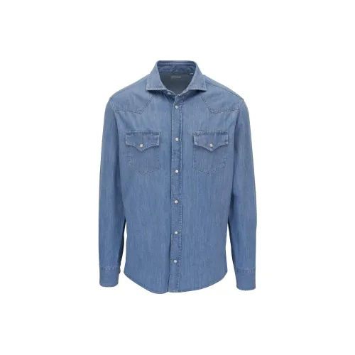 BRUNELLO CUCINELLI Рубашка с длинным рукавом из денима мужская синяя