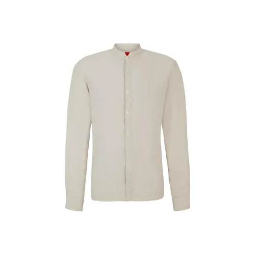 Hugo Boss Рубашка с облегающим кроем и воротником-стойкой из льна мужская светло-серого цвета
