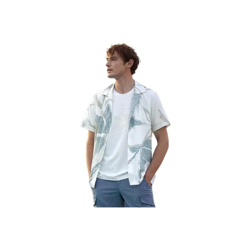 GOLDLION Рубашка Мужская Синяя Зеленая Цветочная с Белой Подкладочной тканью