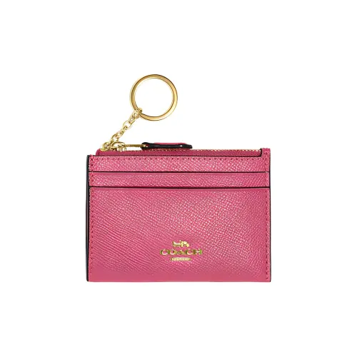 COACH Skinny Id Case Крестообразная текстура Кожа Кольцо для ключей Слот для карты Мелочь Кошелек Картхолдер Мини Женские Клубничный красный