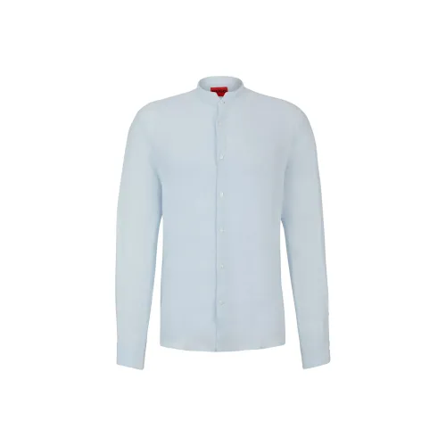 Hugo Boss Рубашка с облегающим кроем и воротником-стойкой из льна мужская светло-синяя