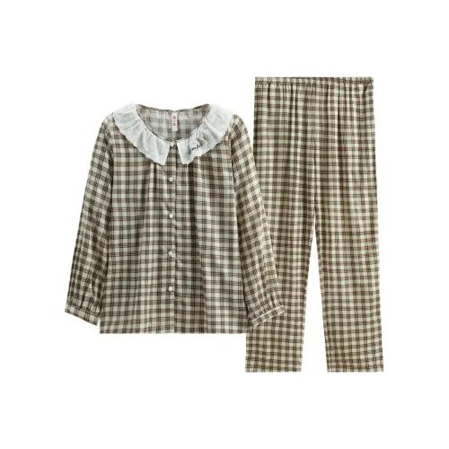 FENTENG Пижамный комплект женский бежевый желтый в клетку