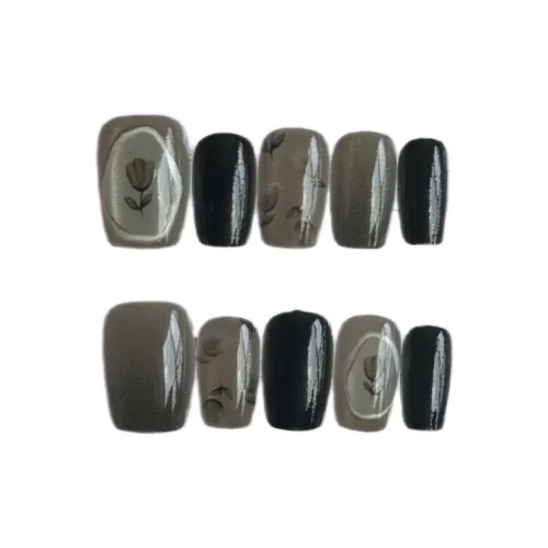 Gentle Welcome Ручной Премиум Осветляющий Wabi Sabi Тюльпан False Nail Короткий LADDER Черный Серый Smudge Кошачий глаз