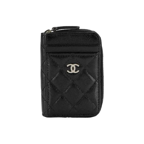 CHANEL С рельефом Тисненый Блестящий Икорный Телячья кожа с Золотой металл Мелочь Кошелек Картхолдер Женские Черный