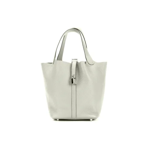 HERMES Picotin Lock Clemence Bullock Кожа Серебряная Пряжка Сумка-ведро Сумка 22 Женская 0W Gris Neve Ледяной кристально-серый