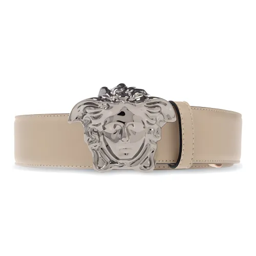 VERSACE Medusa Logo Smooth Clasp Leather Belts Men's Gray Beige Width 4CM