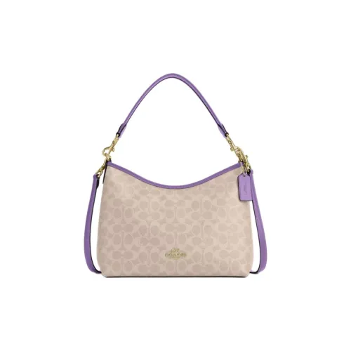 COACH Лорел Покрытие Холст Портативная Сумка через плечо Сумка на плечо Большая Женская Бежевая и Фиолетовая