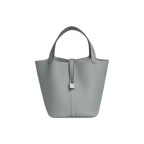 HERMES Picotin Lock Bullock Кожа Корзина Сумка Ведрообразная Сумка Женская Puppet Серый