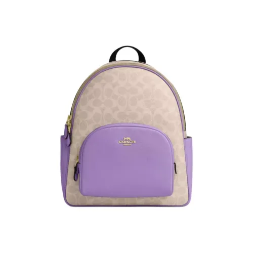 COACH Рюкзак с покрытием из холста и кожаными вставками большой женский фиолетовый и натуральный
