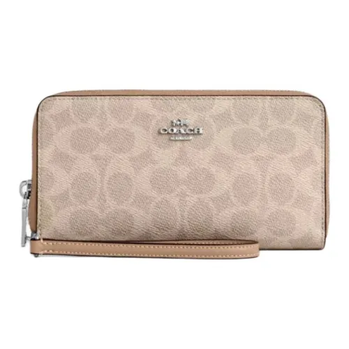 COACH Zip Around Покрытый холст Кошелек Маленький Женский Серебряный Песочный Тауповый