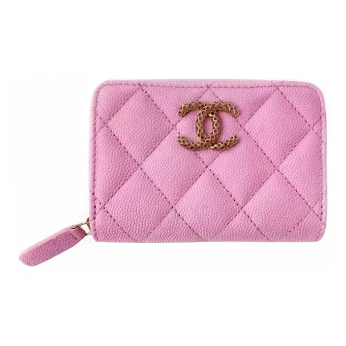 CHANEL Икорный Корова Кожа Держатель для Карт Кошелек Женский Розовый