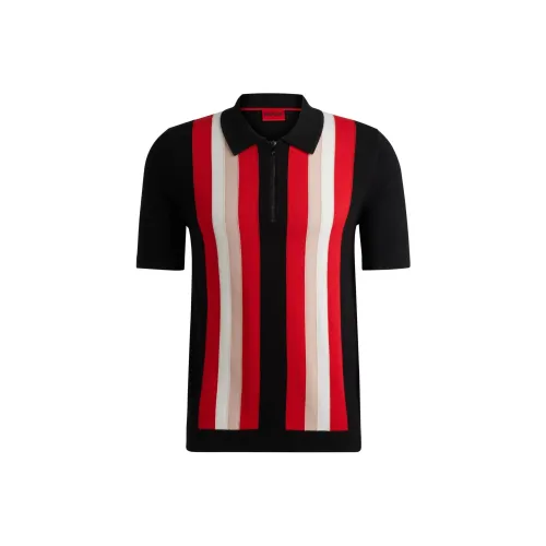 Hugo Boss ZIP Шея POLO Свитер с Вертикальными Полосками Поло Мужской Черный Красный