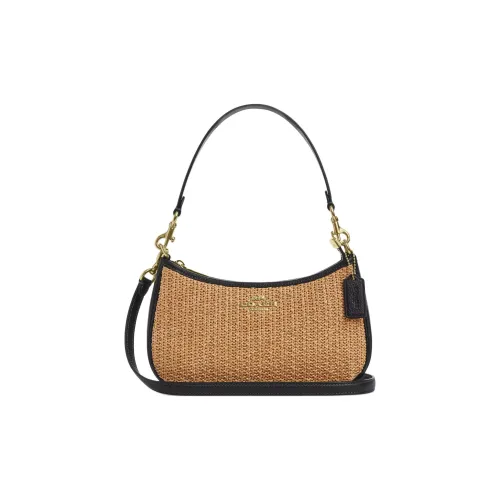 COACH Teri Плетеная соломенная сумка с кожаными вставками сумка через плечо среднего размера женская хаки и черная