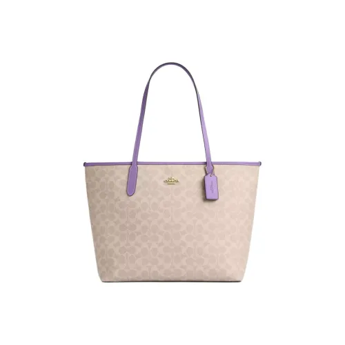COACH Городская Сумка Tote из Покрытого Холста Сумка для покупок Сумка через плечо Большая Женская Бежевая и Фиолетовая