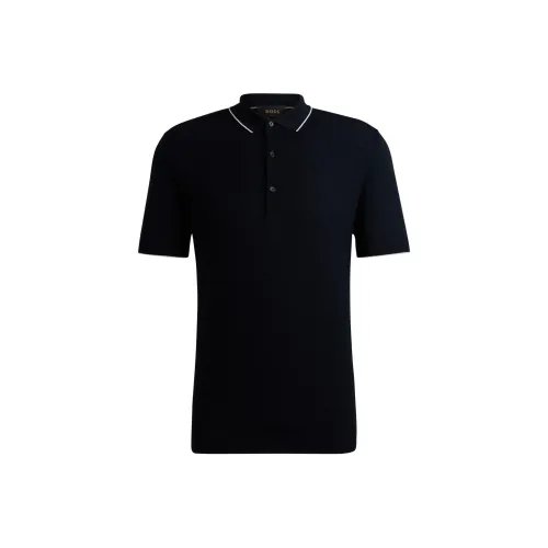 HUGO BOSS Смешанный Структура POLO Свитер из Шелка и Хлопка Мужское Поло Темно-синий