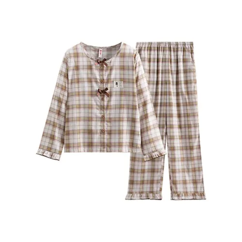 FENTENG Пижамный комплект женский желтый зеленый клетка