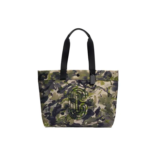 COACH Canvas Холст с печатью кожа вставки тоут сумка сумка для покупок сумка на одно плечо большая мужская камуфляж зеленый