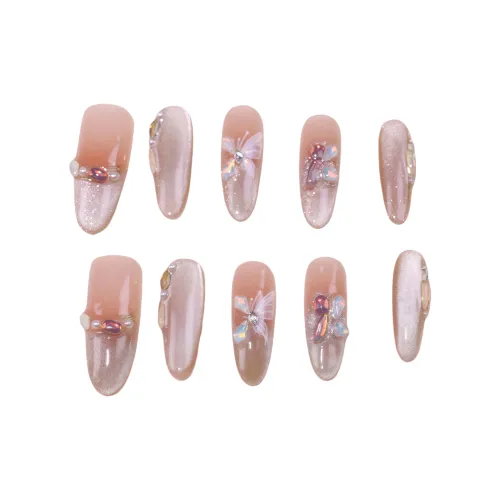 Gentle Welcome Премиум French Handcrafted False Nail Oval Nude Smudge Cat Eye