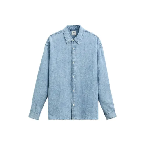 ZARA Мужские рубашки светло-синие