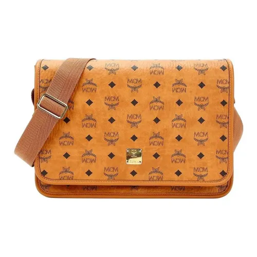 MCM Klassik Visetos Кожа Курьерская Сумка Сумка через плечо Средняя Мужская Коричневый коньяк