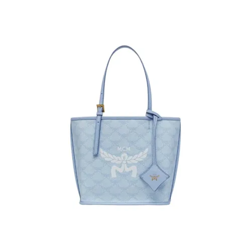 MCM Покрытый холст с кожаными вставками Тоут Сумка Сумка для покупок Сумка Мини Женская Синяя