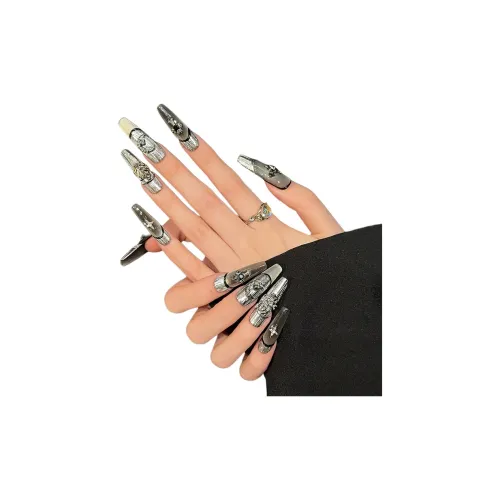 Yun Yue Joe Формальное белье Серебряный Magic Mirror Высокий кончик Панк Готический стиль False Nail Длинный Готический Jump Цвет Французский 30MM