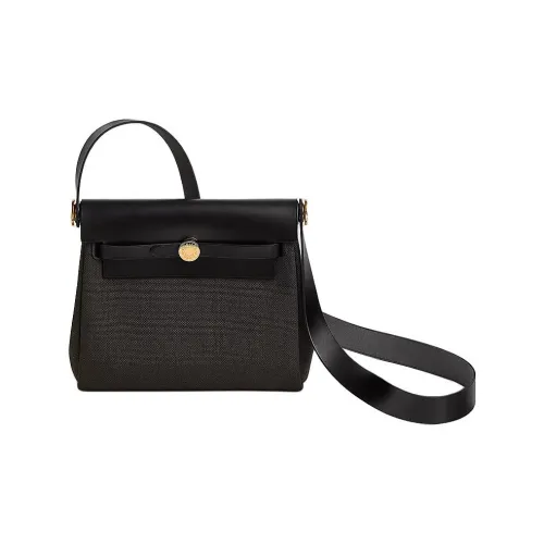 HERMES Herbag Zip Militaire Холст с Hunter Коровья Кожа Плечевая Сумка Женская Черная