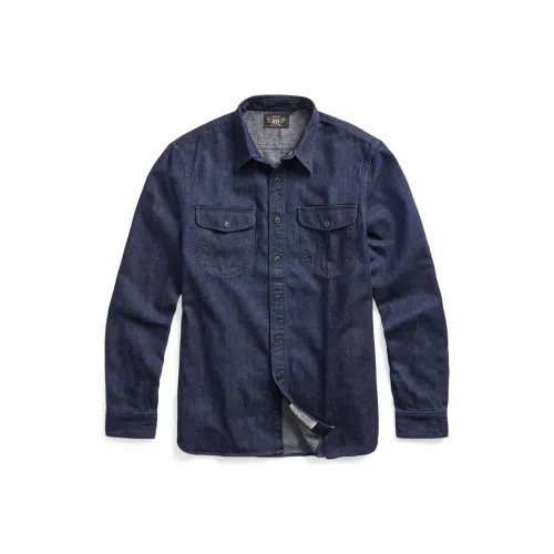 DOUBLE RL Индиго Хлопок Льняная ткань Деним Рубашка для работы Длинный рукав Мужская Синяя