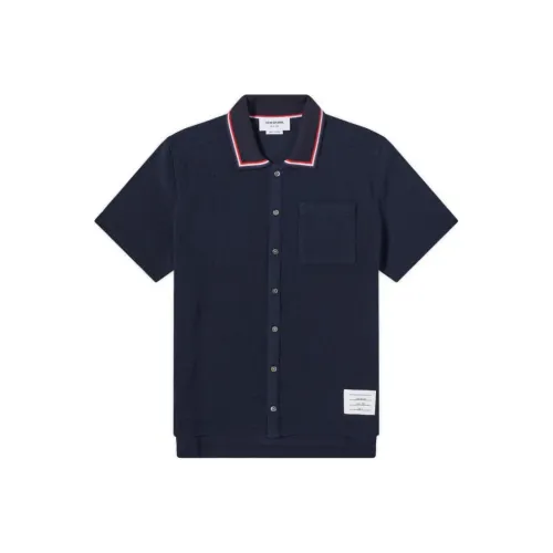 THOM BROWNE· Текстурированный хлопок короткий рукав рубашка-поло мужская темно-синий
