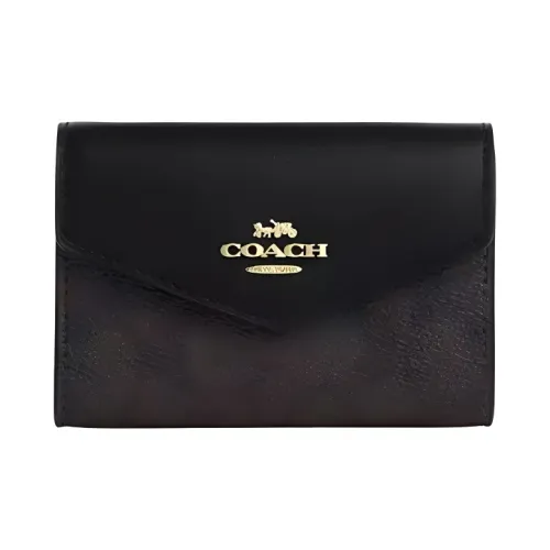 COACH Flap Card Case Холст с кожей Кошелек Держатель для карт Мини Женский Черный
