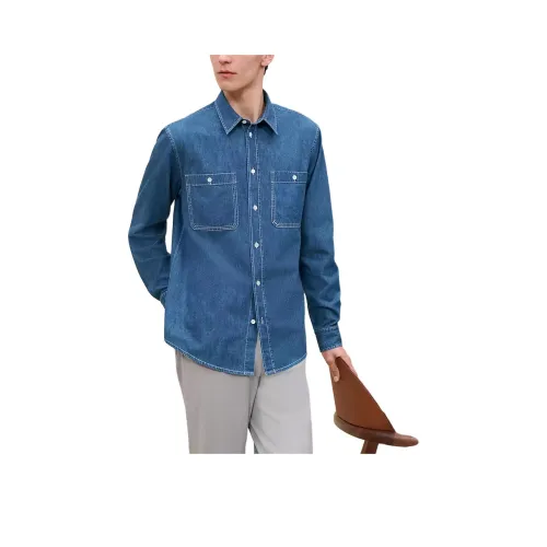 HERMES FW24 Рубашка Мужская Выстиранная Индиговая