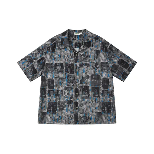 WULISHAONIAN Полосатая короткая рубашка с коротким рукавом свободного кроя винтажная унисекс темно-серый с синими полосами