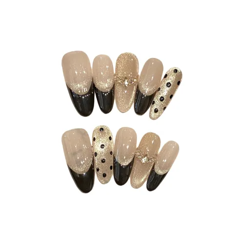 Yun Yue Joe Черный Золотой Кошачий Глаз Hepburn Стиль False Nail Средняя Ступенька Овал Черный Градиент Французский 25 мм