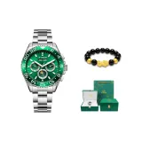 Серебряный корпус, зеленый циферблат.