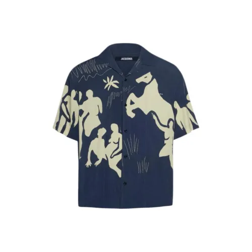 Jacquemus FW24 Лошадь Сцена Принт Bowling Рубашка Мужская Темно-синий Морской синий
