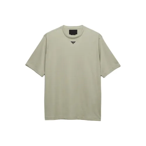 PRADA Однотонный Логотип Круглый Вырез Вязаная Трикотажная Рубашка Хлопок Короткий Рукав Мужская Зеленая